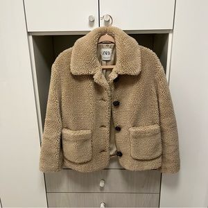 Zara Fuzzy Teddy Coat - Dark Beige/Camel Color